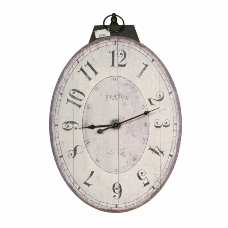 Distressed Oval Shape Wooden Wall Clock With Ring Hanger, White And Black