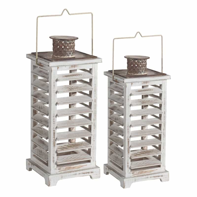 Wood And Metal Lanterns With Louvered Design, White, Set Of 2