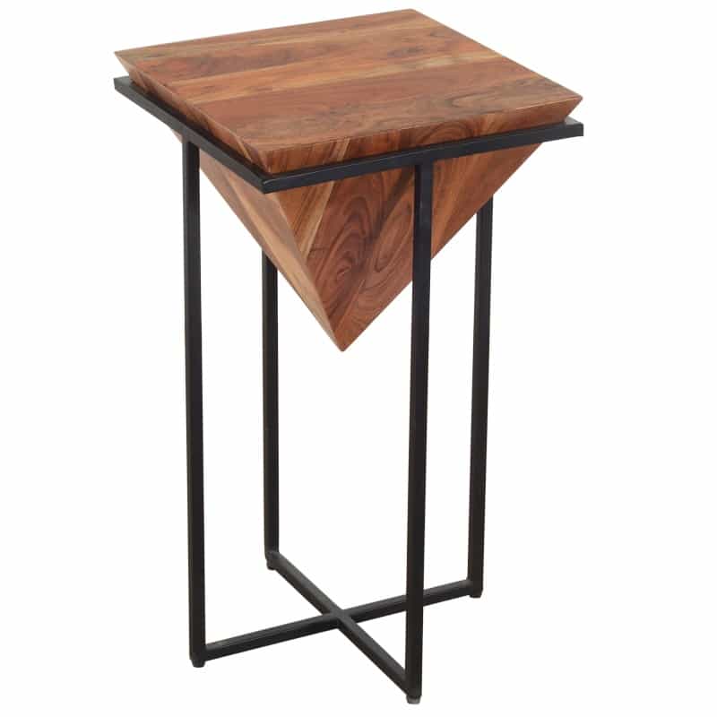 Ida 26 Inch Pyramid Shape Acacia Wood Side End Table With Cross Iron Base, Brown And Black