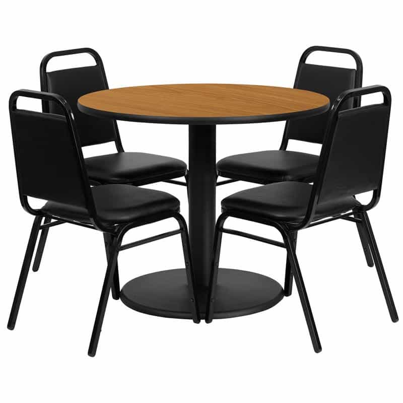 36'' Natural Table Set With Base And 4 Black Trapezoidal Back Banquet Chairs