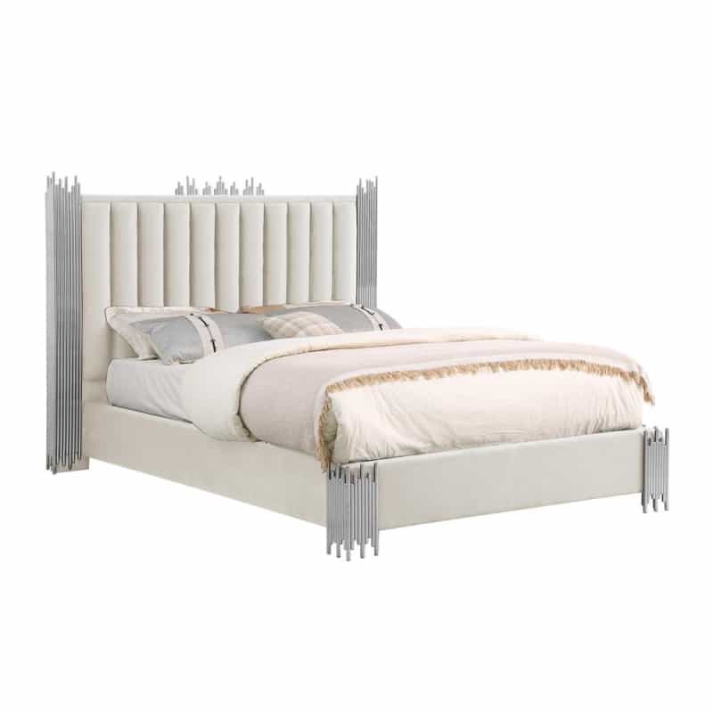 Eastern King Size Cream Velvet Bed With Silver Corners (Platform)