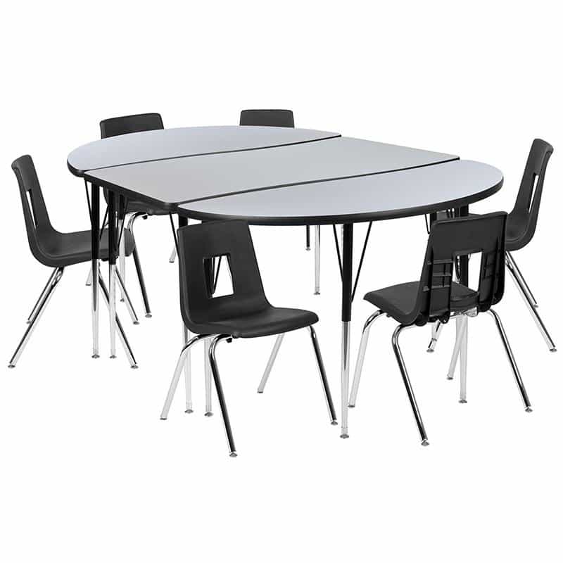 76" Oval Wave Activity Table Set With 18" Student Stack Chairs, Grey/Black