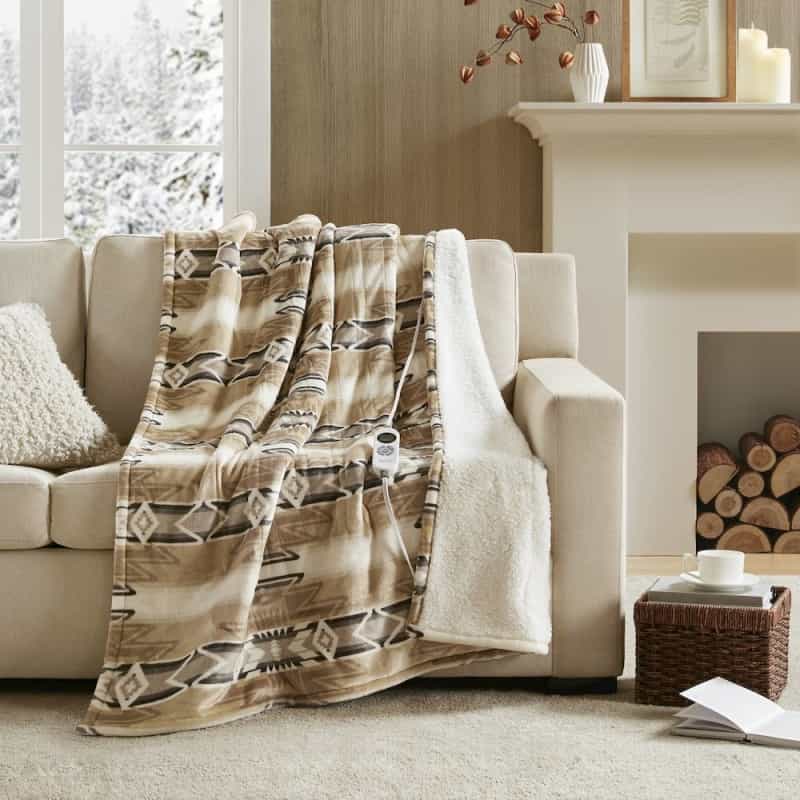 Print Plush To Sherpa Heated Throw