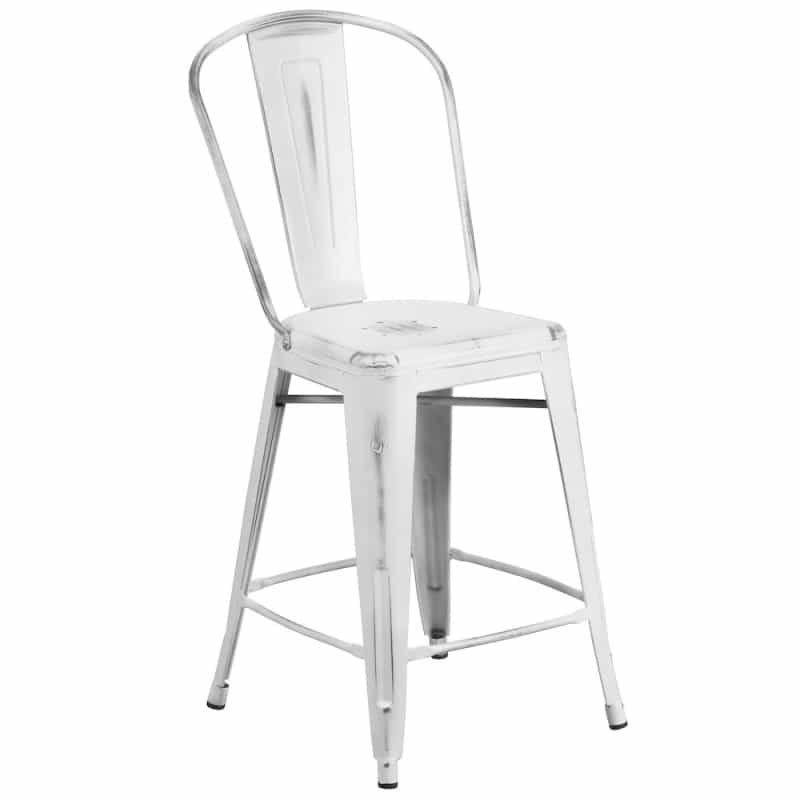 24" High Distressed White Metal Indoor-Outdoor Counter Height Stool With Back