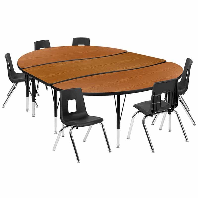 86" Oval Wave Activity Table Set With 14" Student Stack Chairs, Oak/Black