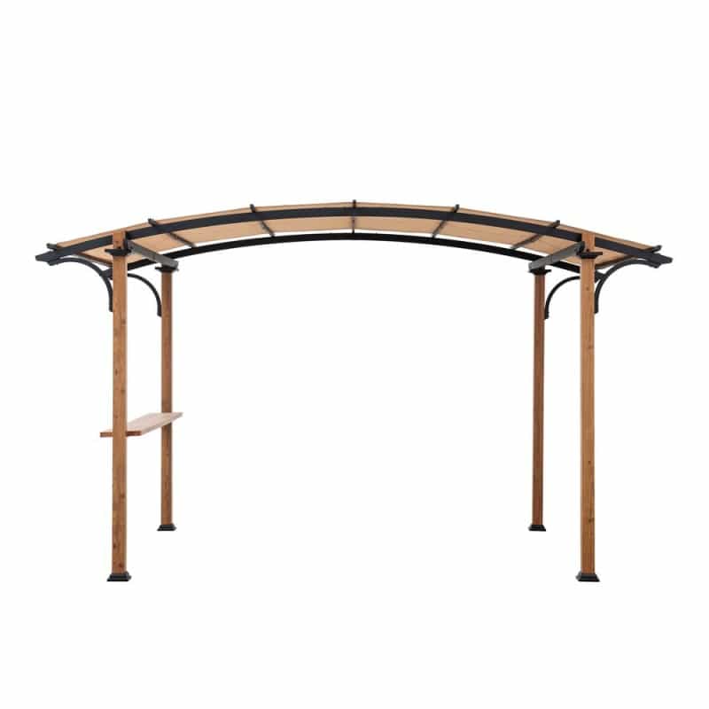 Steel Arched Metal Pergola With Natural Wood Looking Finish And Tan Shade