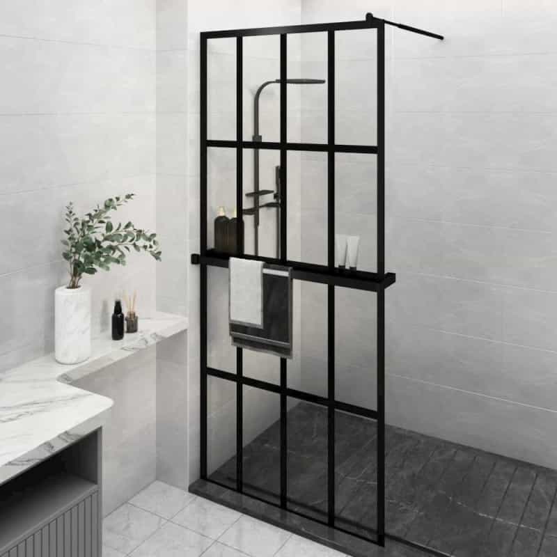 Walk-In Shower Wall With Shelf Black 39.4"X76.8" Esg Glass&Aluminum