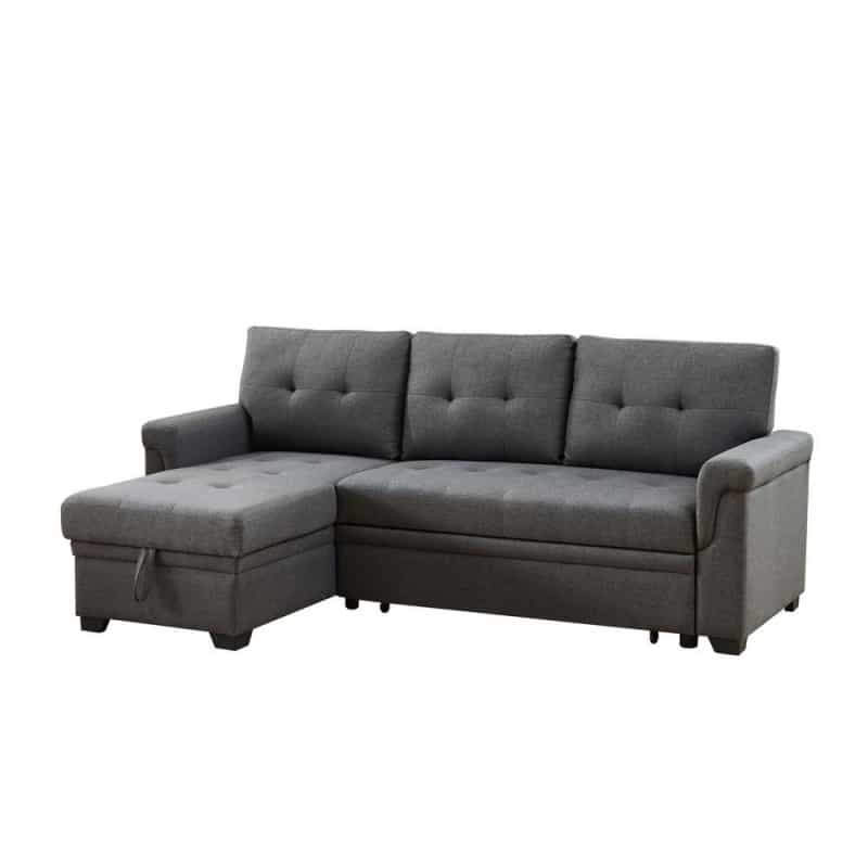 Sierra Dark Gray Linen Reversible Sleeper Sectional Sofa With Storage Chaise