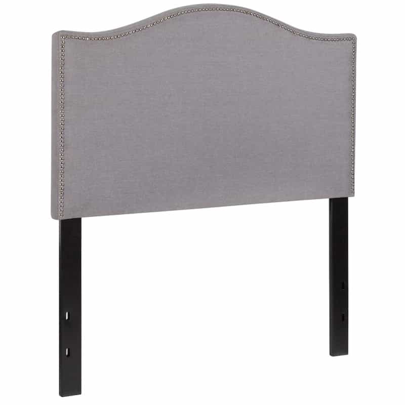 Upholstered Twin Size Headboard With Accent Nail Trim In Light Gray Fabric