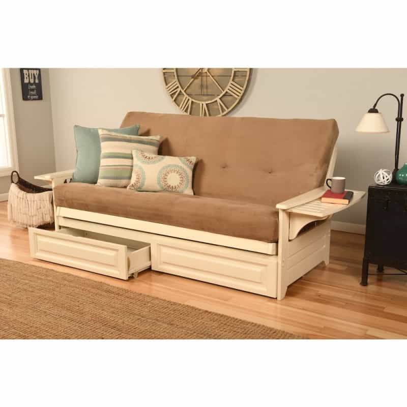 Phoenix Frame-Antique White Finish-Suede Peat Mattress-Storage Drawers