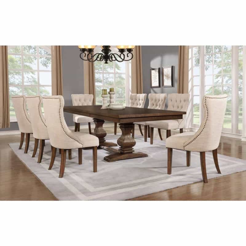 Classic 9Pc Dining Set W/Uph Side Chairs Tufted & Naildhead Trim, Table W/Center 18" Leaf, Walnut