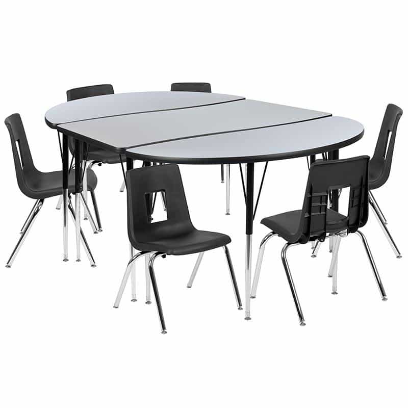 76" Oval Wave Activity Table Set With 16" Student Stack Chairs, Grey/Black