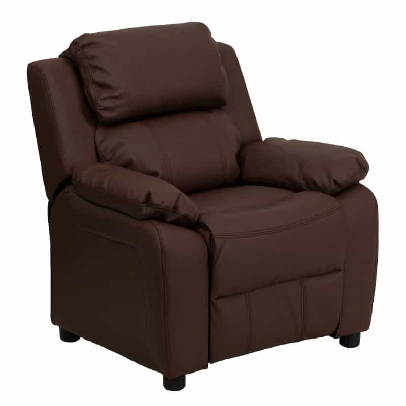 Deluxe Padded Contemporary Brown Leathersoft Kids Recliner With Storage Arms