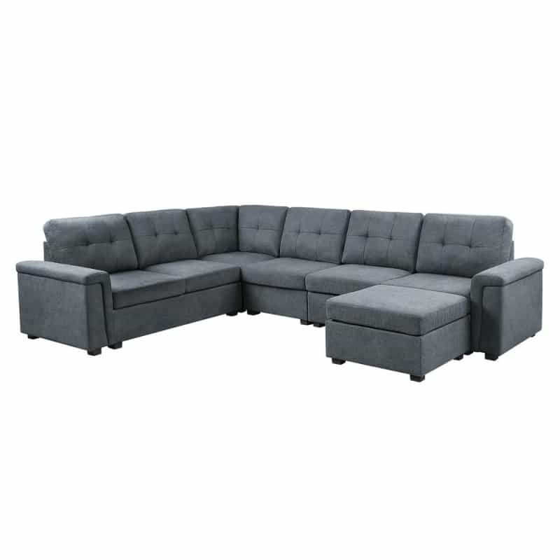 Isla Gray Woven Fabric, 7-Seater Sectional Sofa With Ottoman
