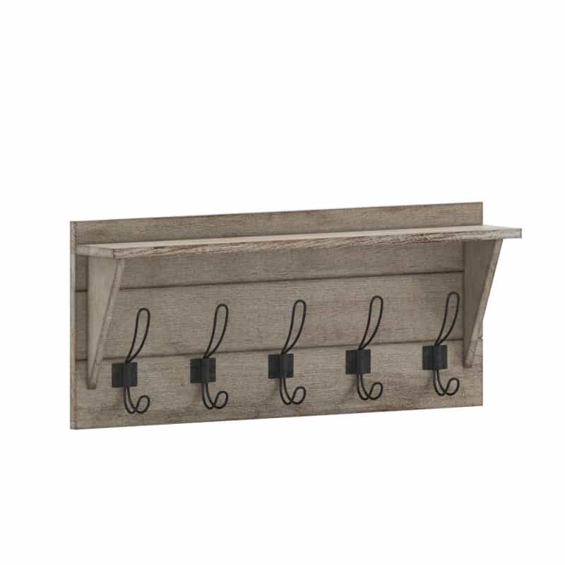 Wall Mounted 24 In Whitewashed Solid Pine Wood Storage Rack With 5 Hooks