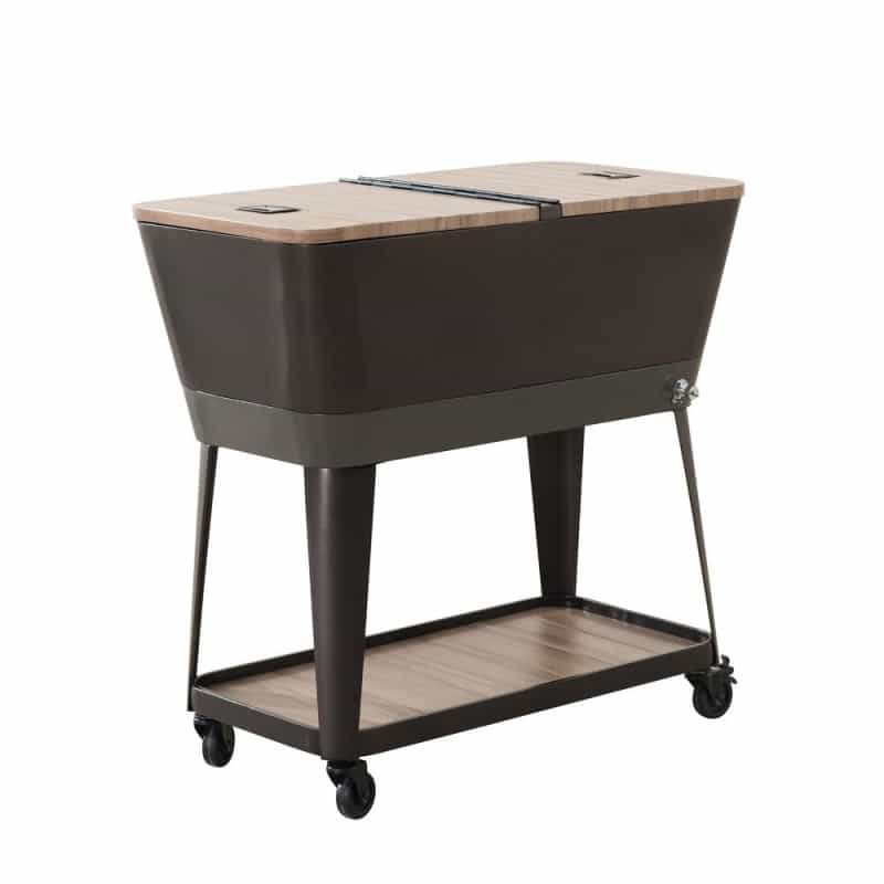 80-Quart Wood Grain Metal Rolling Ice Chest Cooler Cart With Storage Shelf