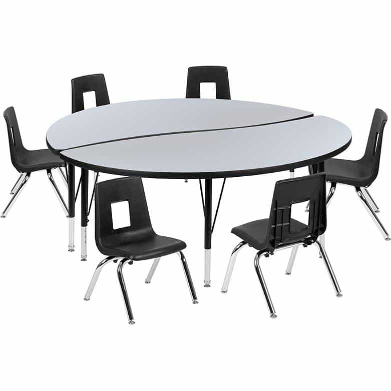 60" Circle Wave Activity Table Set With 14" Student Stack Chairs, Grey/Black