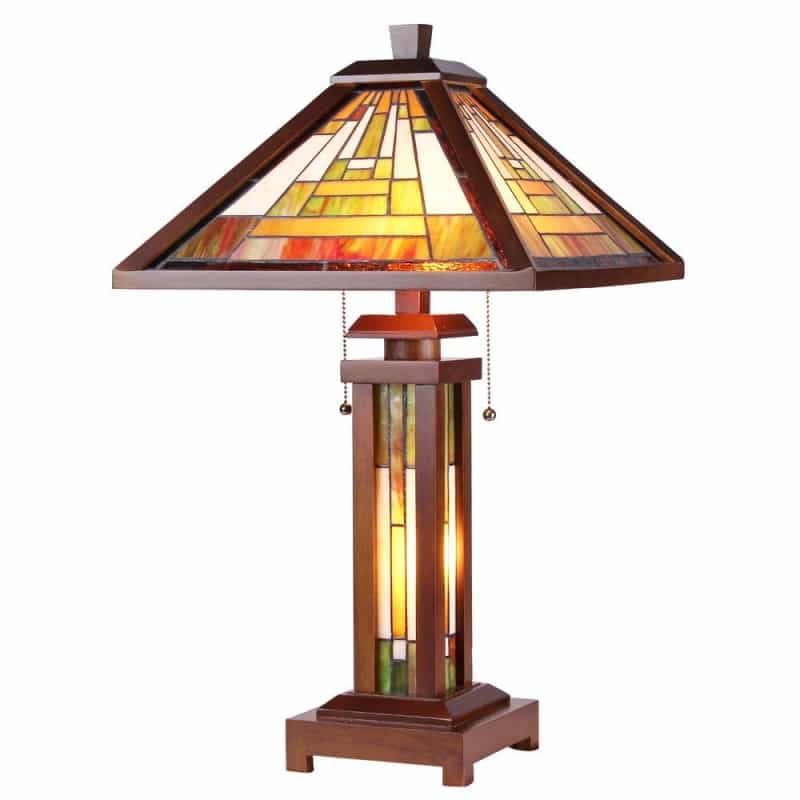 Gawain Tiffany-Style Mission 3 Light Double Lit Wooden Table Lamp 15" Shade