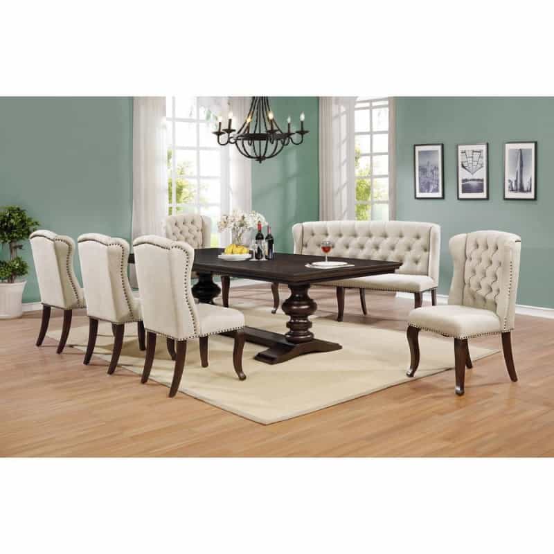 Classic 7Pc Dining Set W/Uph Bench & Wingback Chairs Tufted & Naildhead Trim, Table W/Center 20" Leaf, Beige