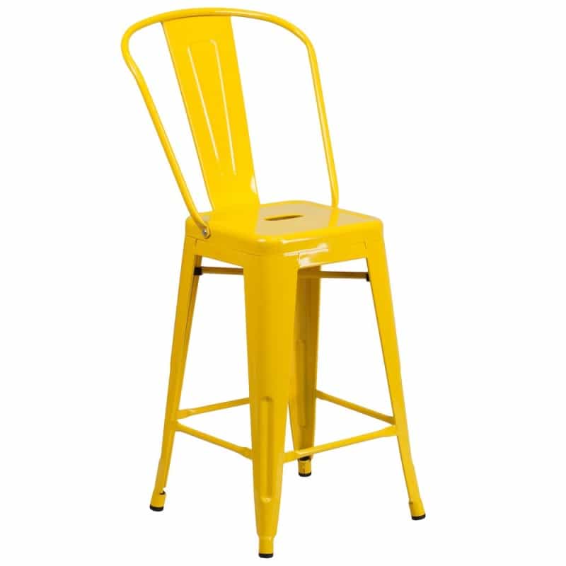 24" High Yellow Metal Indoor-Outdoor Counter Height Stool With Removable Back