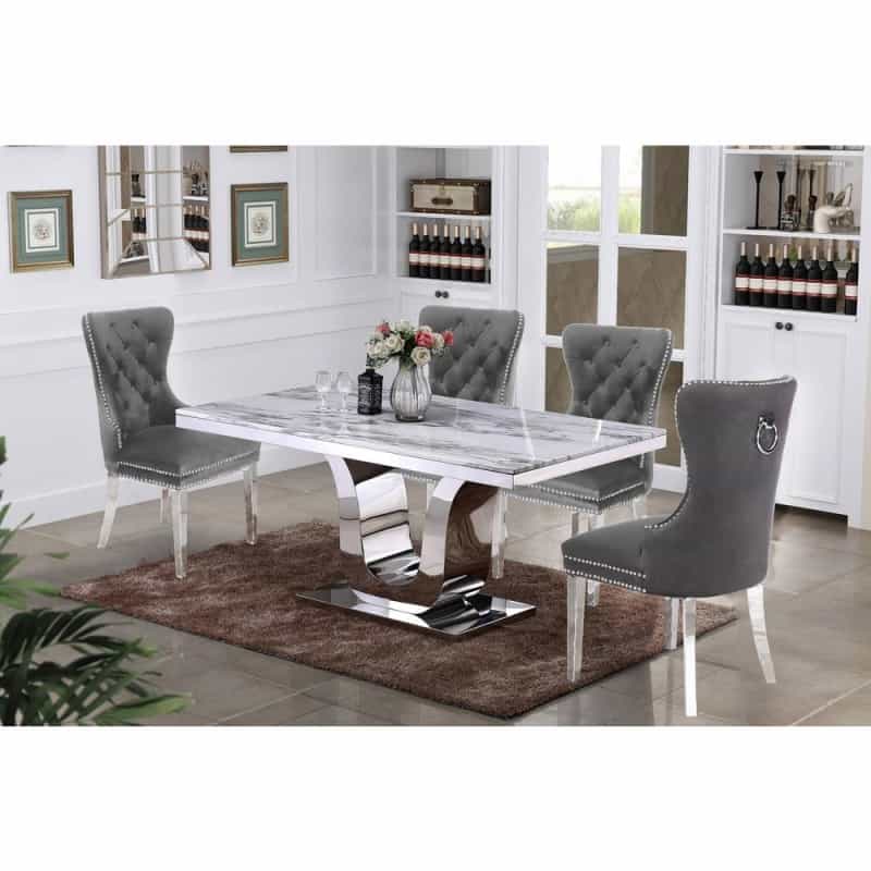 White Marble 5Pc Set Tufted Wingback Chairs In Dark Grey Velvet
