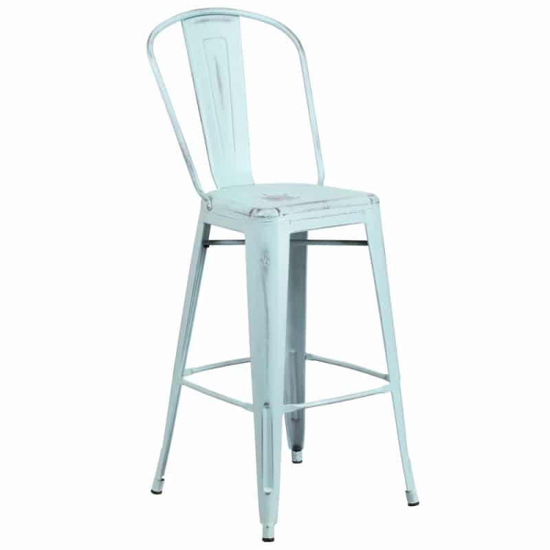 30" High Distressed Green-Blue Metal Indoor-Outdoor Barstool With Back