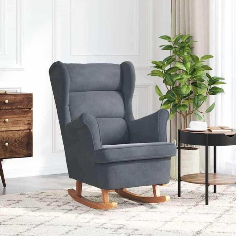 Vidaxl Rocking Chair Wingback Dark Grey Velvet And Solid Wood