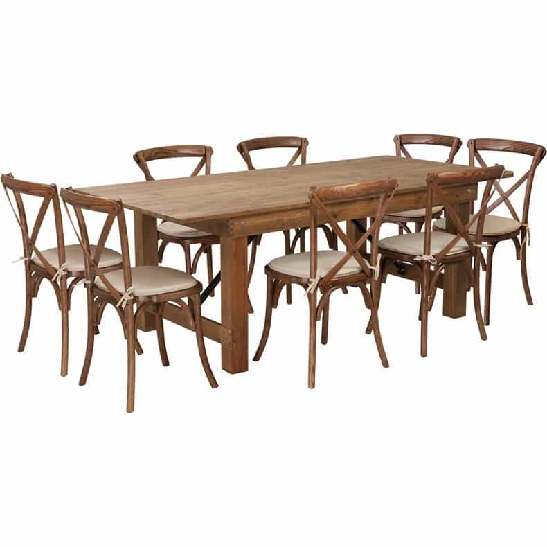 7' X 40'' Antique Folding Farm Table Set With 8 Cross Back Chairs And Cushions
