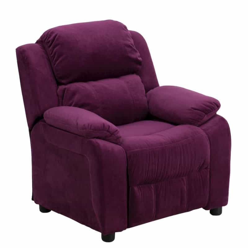 Deluxe Padded Contemporary Purple Microfiber Kids Recliner With Storage Arms