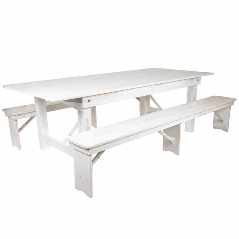8' X 40" Antique Rustic White Folding Farm Table And Two Bench Set