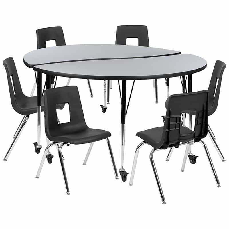 Mobile 60" Table Set With 18" Student Stack Chairs, Grey/Black