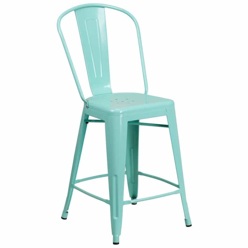 24" High Mint Green Metal Indoor-Outdoor Counter Height Stool With Back