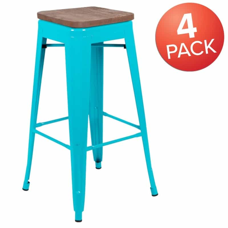 Set Of 4 Modern Industrial Metal Stools In Teal