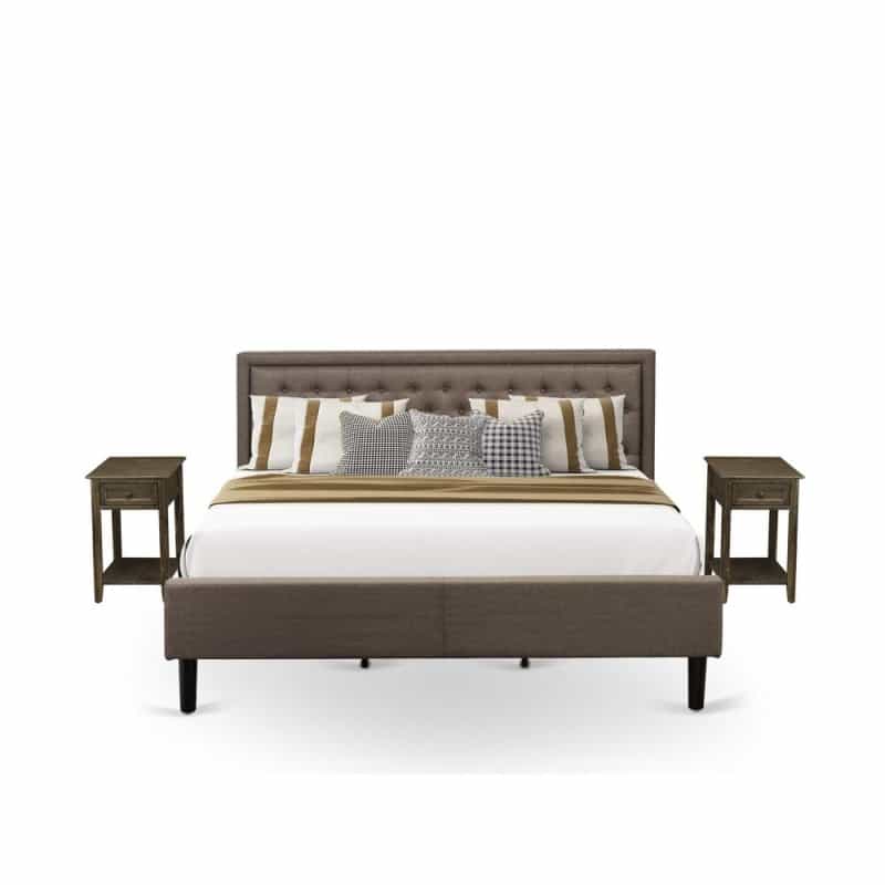 Kd18k-2De07 3 Piece King Size Bed Set - Platform Bed Brown Headboard With 2 Night Stand - Black Finish Legs