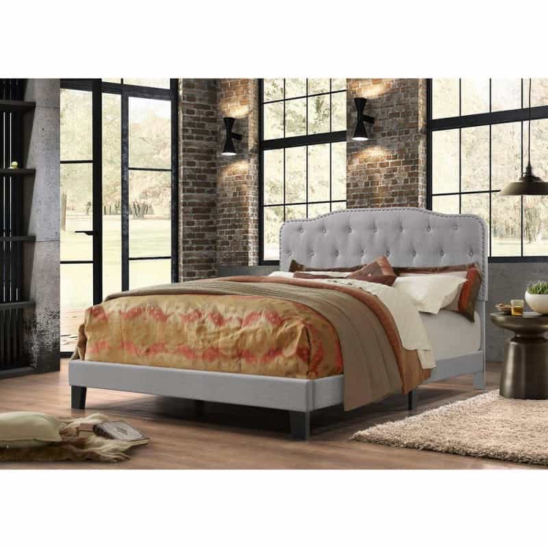 Gray Linen Uph. Panel Bed With Silver Nailhead- Twin