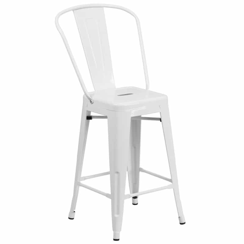 24" High White Metal Indoor-Outdoor Counter Height Stool With Removable Back
