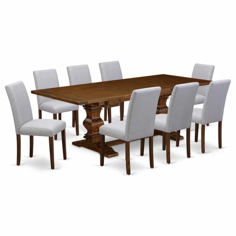 East West Furniture Laab9-88-05 9Pc Dining Table Set Consists Of A Dinette Table And 8 Parson Dining Chairs With Light Sable Color Linen Fabric, Medium Size Table With Full Back Chairs, Distressed Jac