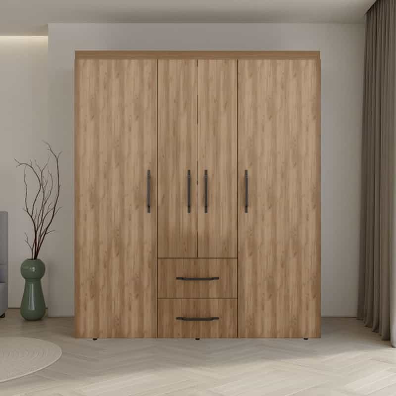 Wardrobe, Deluxe Armoire With Multiple Storage Options, Metal Accents, Oak