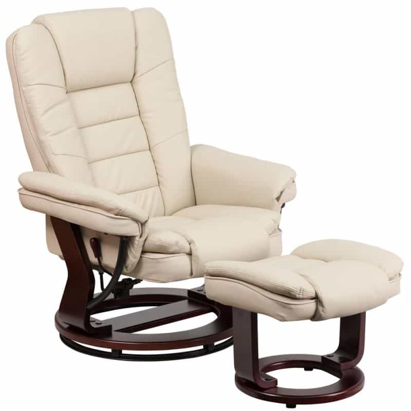 Recliner With Horizontal Stitching And Ottoman With Swivel Mahogany Wood Base