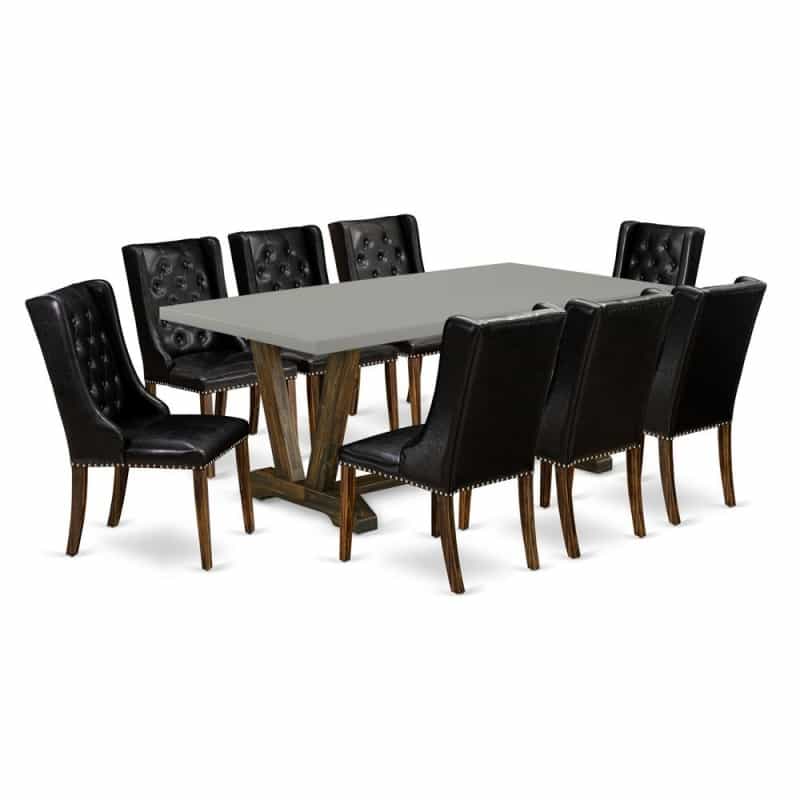East West Furniture V797fo749-9 9-Piece Dining Room Table Set - 8 Black Pu Leather Dining Room Chairs Button Tufted With Nail Heads And Dining Table - Distressed Jacobean Finish