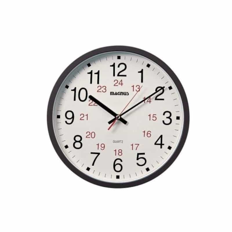 12/24 Hour Clock, Black, Sweep Style Second Hand, Glass Face (22502-Bk)