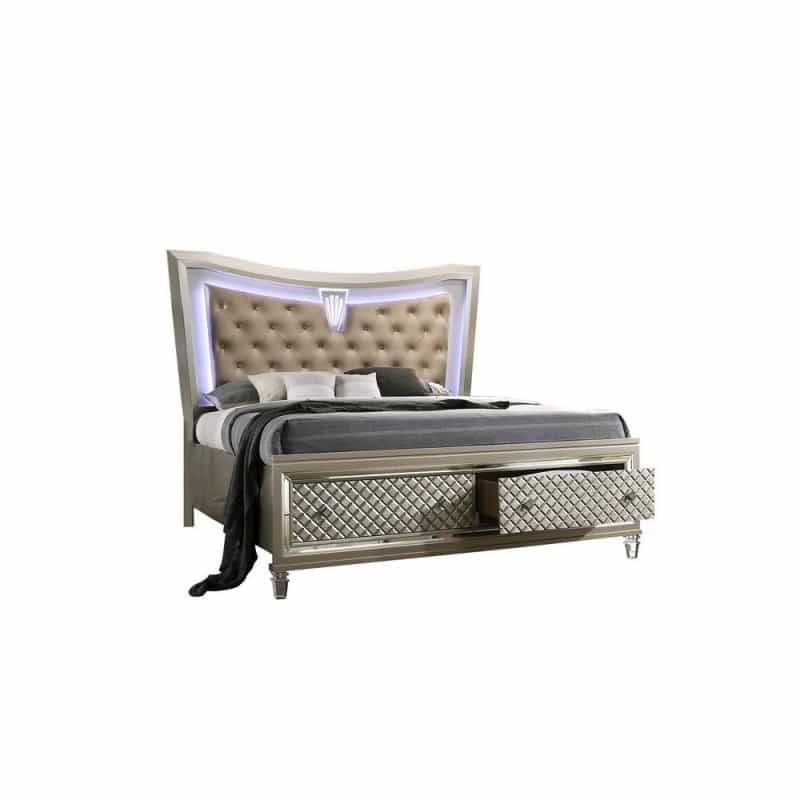 Platform Bed With Tufted Buttons, Acrylic Legs, Back Lighting And 2 Drawers On The Footboard