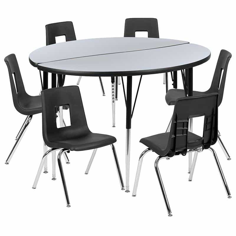47.5" Circle Wave Activity Table Set With 18" Student Stack Chairs, Grey/Black