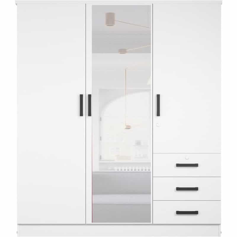 Violet Wardrobe Mirrored Door Closet 3 Doors And 3 Drawers (White)