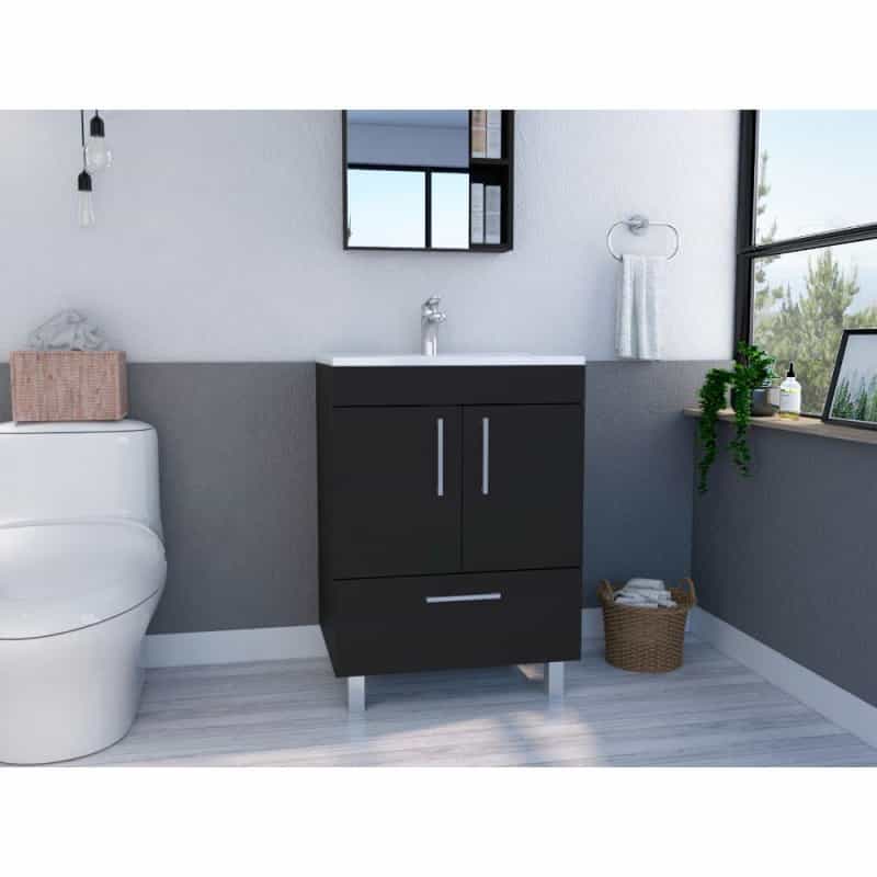 Depot E-Shop Essential Single Bathroom Vanity, One Draw, Two-Door Cabinet, Four Legs-Black, For Bathroom