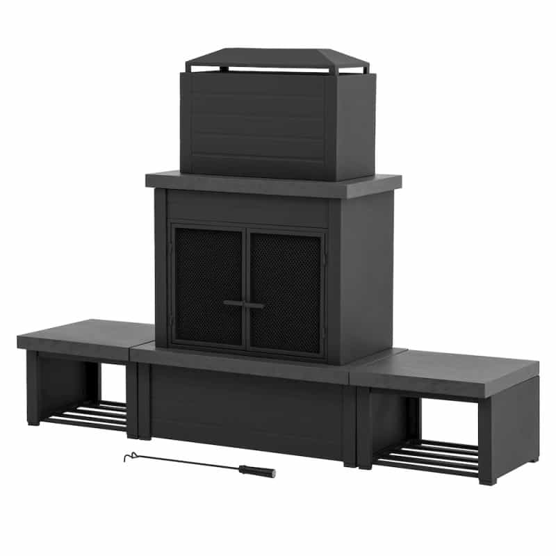 Wood Burning Fireplace-Matte Black Outdoor Steel Fireplace With Chimney