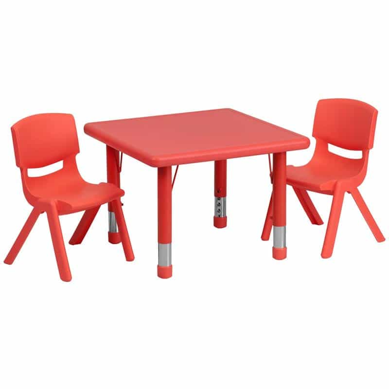 24'' Square Red Plastic Height Adjustable Activity Table Set With 2 Chairs
