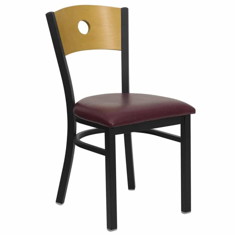 Ack Metal Restaurant Chair - Natural Wood Back, Burgundy Vinyl Seat