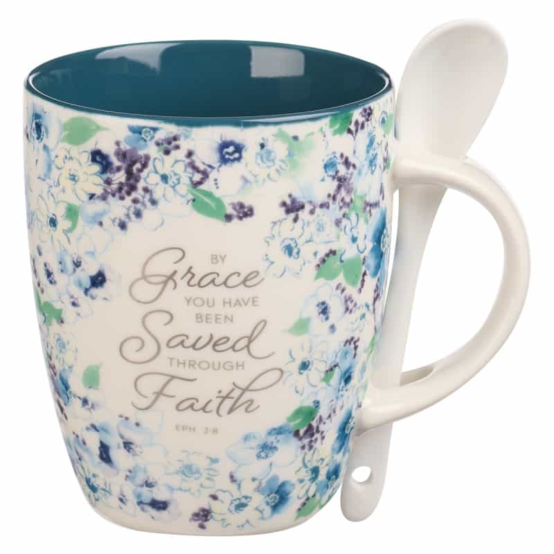 Mug With Spoon White/Blue Floral By Grace Eph. 2:8