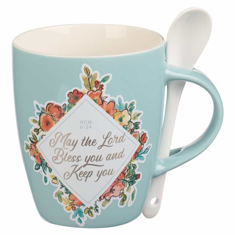 Mug With Spoon White/Teal Floral The Lord Bless You Num. 6:24